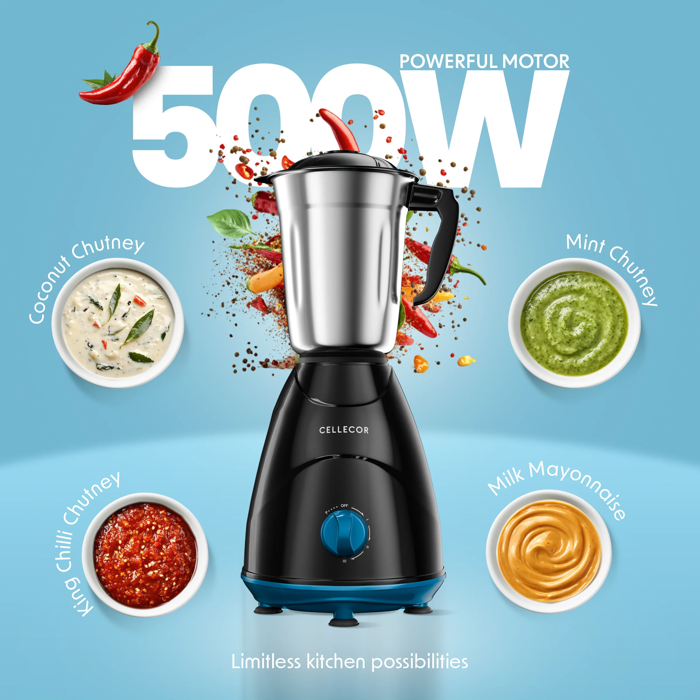 Cellecor CMG50BK Smashh 500W Mixer Grinder
