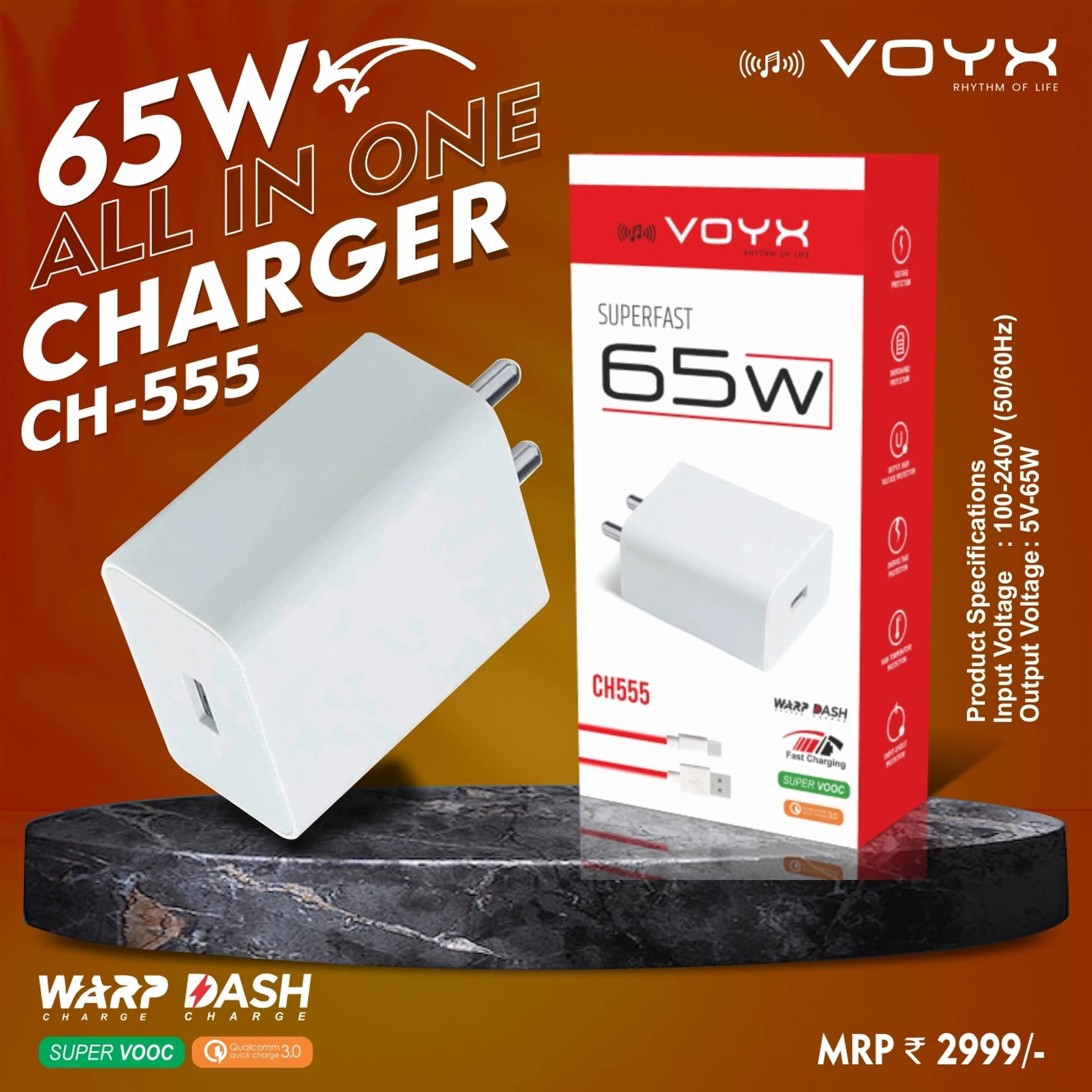 VOYX 65 W Qualcomm 3.0 5 A Wall Charger for Mobile with Detachable Cable