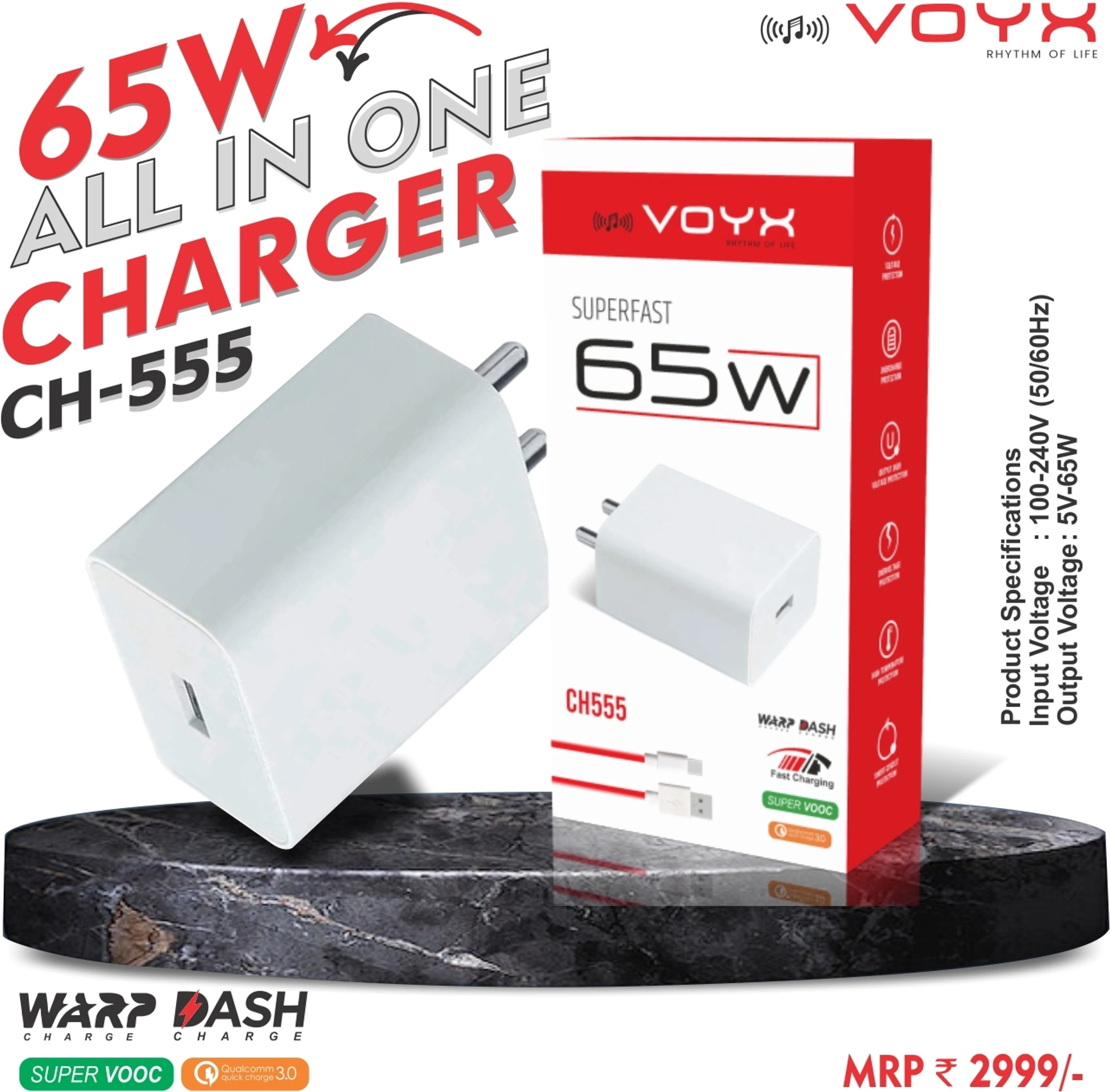 VOYX 65 W Qualcomm 3.0 5 A Wall Charger for Mobile with Detachable Cable