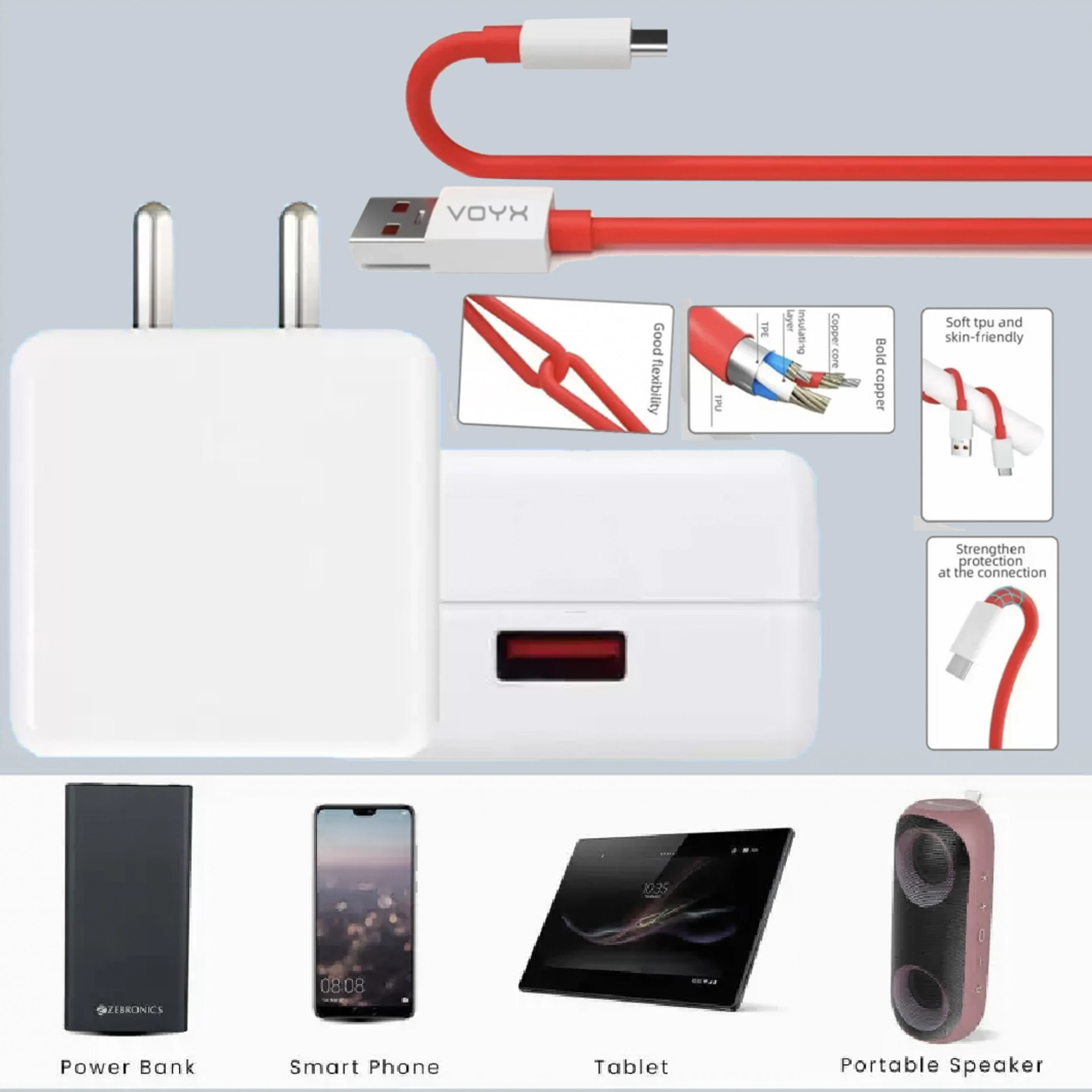 VOYX 45 W Quick Charge 4 A Wall Charger for Mobile with Detachable Cable (White, Cable Included)